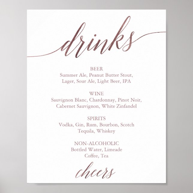 Affiche Elegant Rose Gold Calligraphy Drink Menu Sign (Devant)