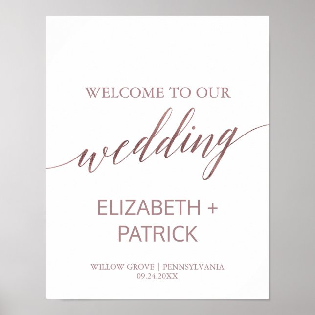 Affiche Élégant Rose Gold Calligraphy Mariage Bienvenue (Devant)