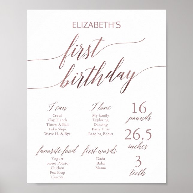 Affiche Élégant Rose Gold First Birthday Milestone Sign (Devant)