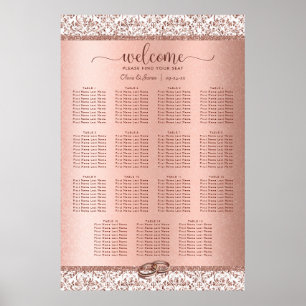 Affiche Élégant Rose Gold Mariage damassé 15 Seating Chart