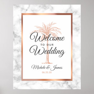 Affiche Elégant Rose Gold Palm Tree Marbre Mariage Accueil
