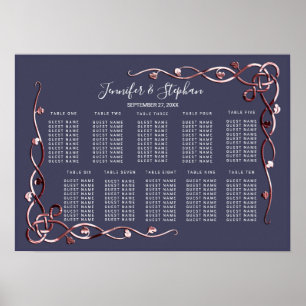 Affiche Élégant Rose Gold Vines Marine Blue Seating Chart