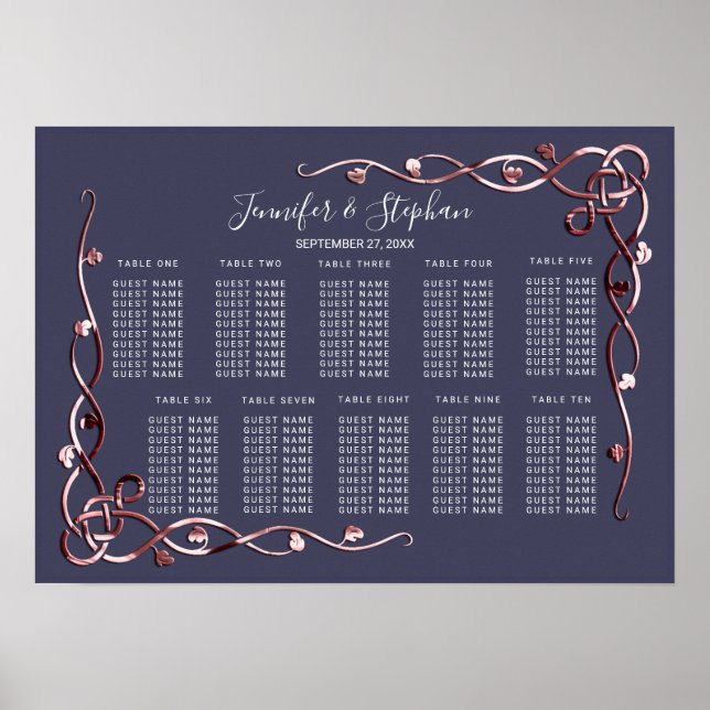 Affiche Élégant Rose Gold Vines Marine Blue Seating Chart (Devant)