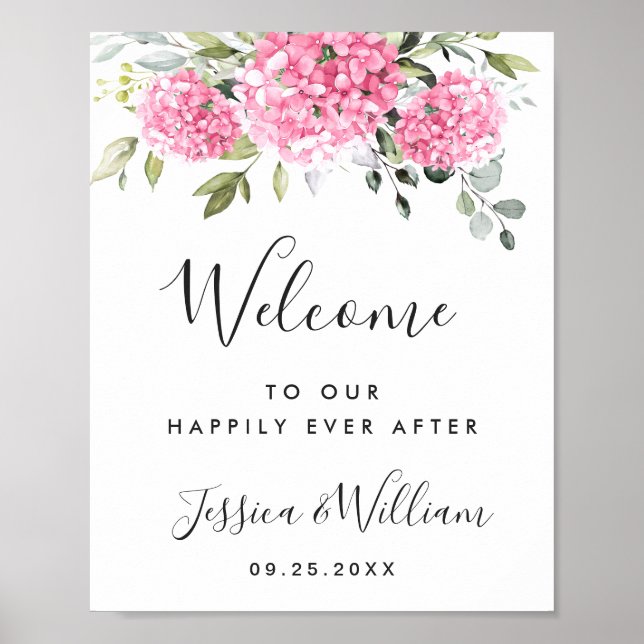 Affiche Elégant rose Hydrangea Eucalyptus Mariage Bienvenu (Devant)