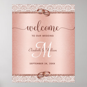Affiche Elégant Rose Monogramme Mariage or Bienvenue