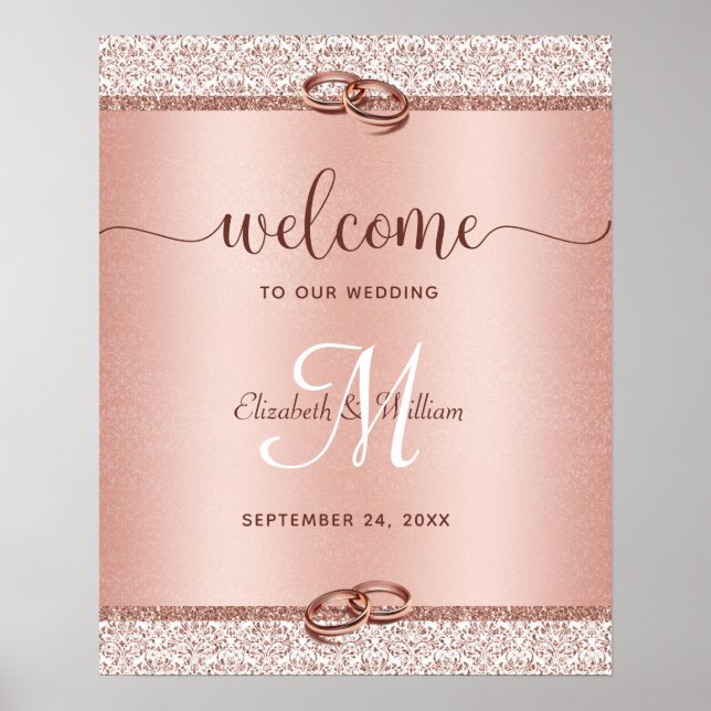 Affiche Elégant Rose Monogramme Mariage or Bienvenue (Devant)