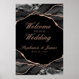 Affiche Elégant Rose noir Gold Foil Agate Mariage Bienvenu