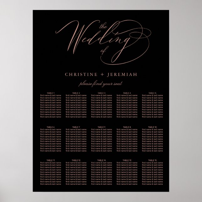 Affiche Elégant Rose noir Gold Script Mariage Siège (Devant)