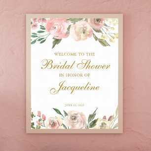 Affiche Élégant rose poudré ivoire doré floral Baby Shower