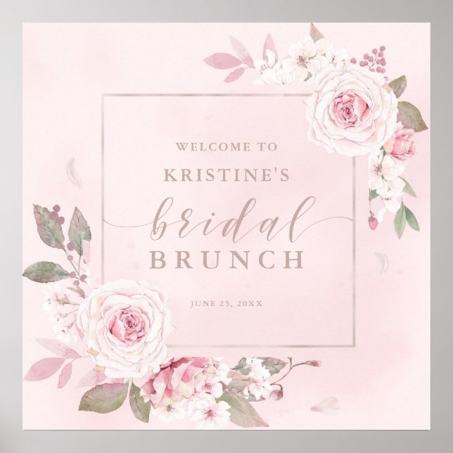 Affiche Elégant rose rose aquarelle Brunch nuptial Bienven (Devant)