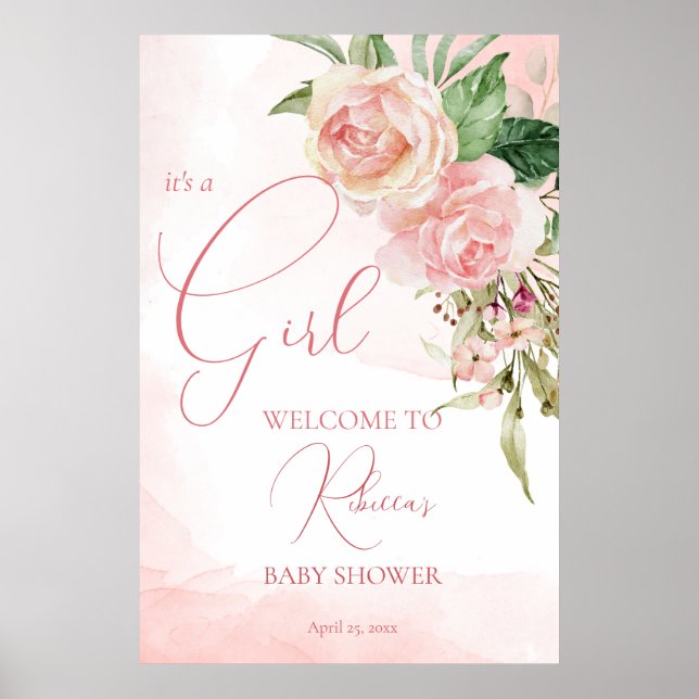 Affiche Elégant rose rousse rose baby shower signe de bien (Devant)