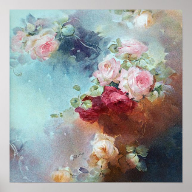 Affiche Elégant rose Vintage Roses Aquarelle Peinture (Devant)