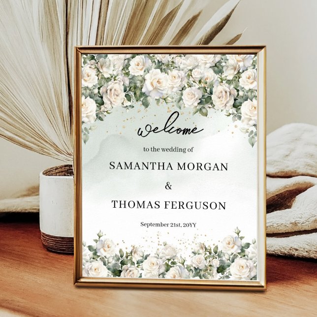 Affiche Elégant Roses Blanches Verdure or mariage accueil (Romantic white roses Eucalyptus Greenery and Gold wedding welcome sign poster)