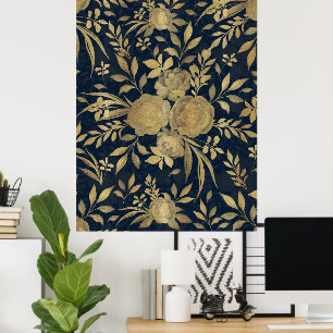 Affiche Elégant Roses d'or Floral Marine-Blue Design