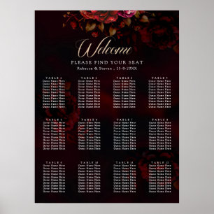Affiche Elégant rouge noir floral Mariage romantique gothi