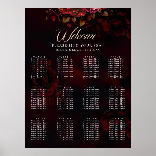 Affiche Elégant rouge noir floral Mariage romantique gothi (Devant)