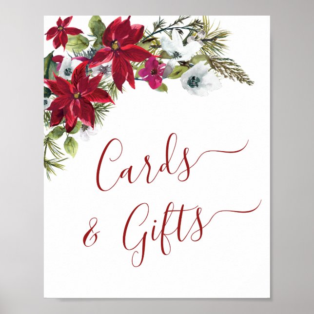 Affiche Élégant Rouge Poinsettia Cartes et Cadeaux Mariage (Devant)