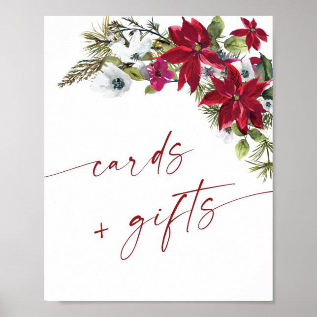 Affiche Élégant Rouge Poinsettia Cartes et Cadeaux Mariage (Devant)