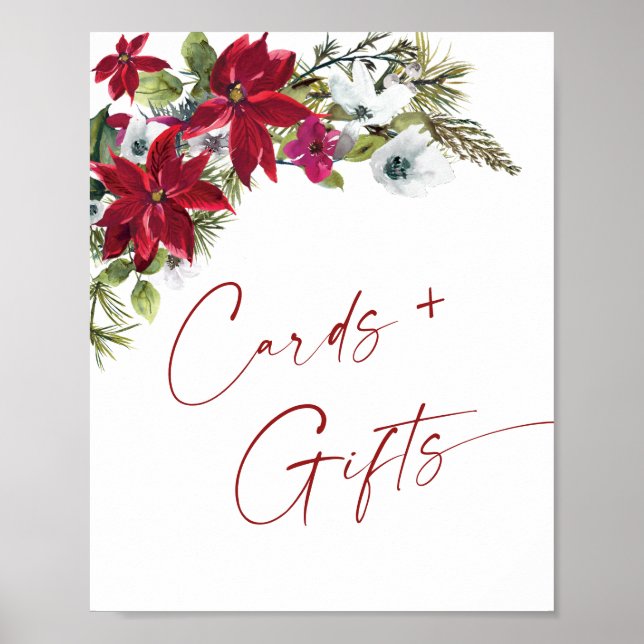 Affiche Élégant Rouge Poinsettia Cartes et Cadeaux Mariage (Devant)