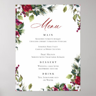 Affiche Elégant Rouge Poinsettia Menu Mariage de Noël