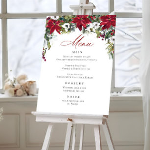 Affiche Elégant Rouge Poinsettia Menu Mariage de Noël