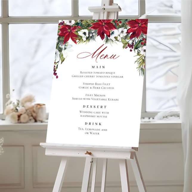 Affiche Elégant Rouge Poinsettia Menu Mariage de Noël (Créateur téléchargé)