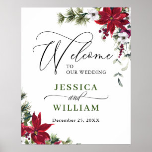 Affiche Elégant rouge Poinsettia Pine Fir Mariage Bienvenu