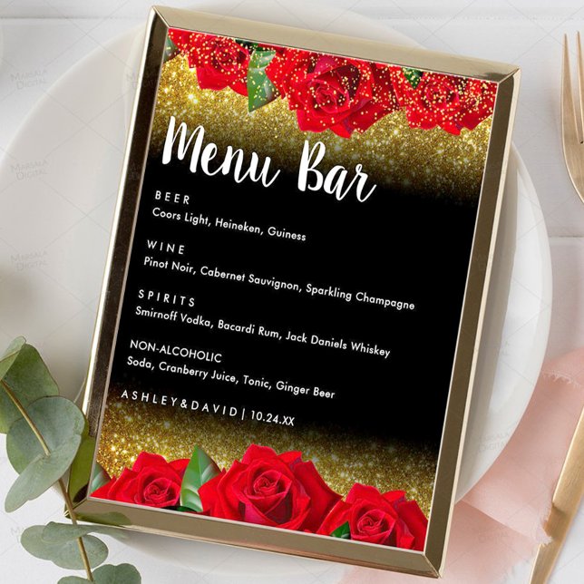 Affiche Élégant rouge Rose Mariage Barre de menu Signer (Créateur téléchargé)