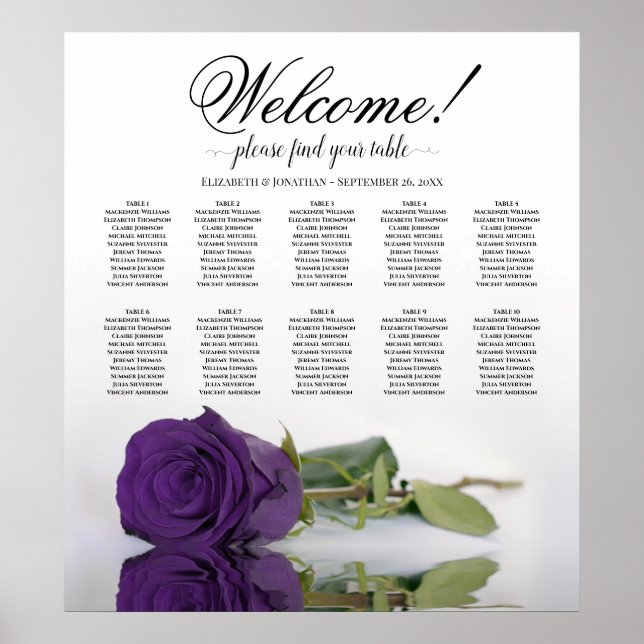 Affiche Élégant Royal Purple Rose 10 Table Seating Chart (Devant)