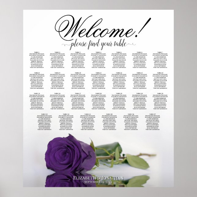 Affiche Élégant Royal Purple Rose 27 Table Seating Chart (Devant)