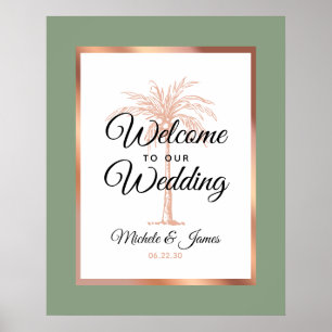 Affiche Elégant Sage Green Rose Gold Palm Mariage Bienvenu