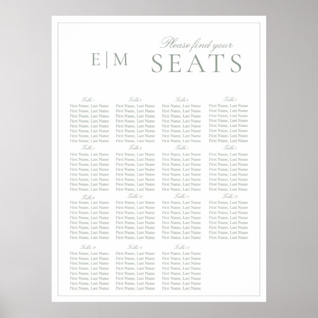 Affiche Élégant Sage Green Script Monogramme Siège Mariage (Devant)