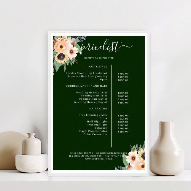 Affiche Elégant Salon Floral Verdoyant (Elegant Greenery Floral Salon Red Poster)