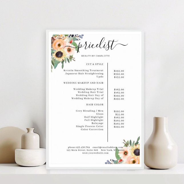 Affiche Elégant Salon Floral Verdoyant (Greenery Floral Salon Price List Poster)