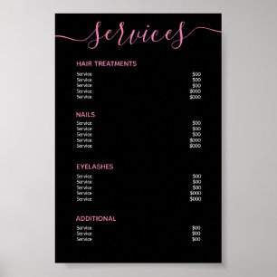 Affiche Elégant Salon Rose Noir Liste de prix Menu Service