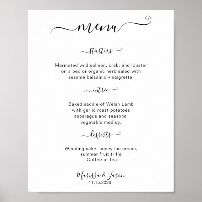 Affiche Élégant Script 3 cours Menu Mariage (Devant)