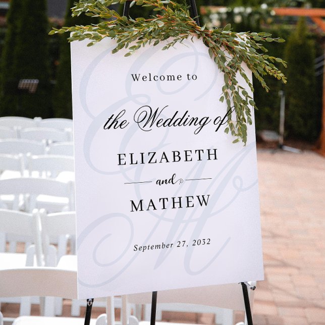 Affiche Élégant Script Dusty Blue Monogram Mariage Bienven (Créateur téléchargé)