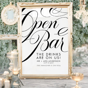 Affiche Élégant Script Mariage Bar Boissons Gratuites Menu