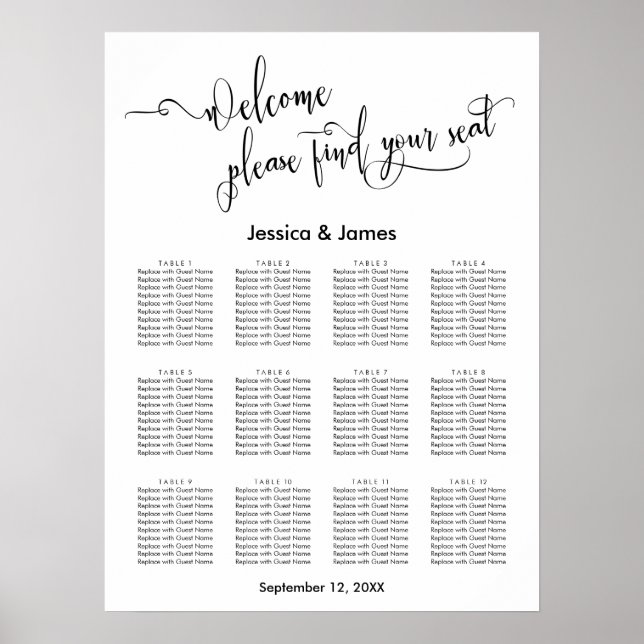 Affiche Élégant Script Mariage Réception Seating Chart (Devant)