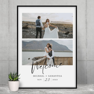 Affiche Élégant script noir et blanc Mariage Bienvenue