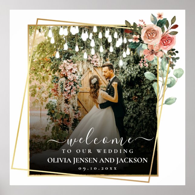 Affiche Élégant script noir et blanc Mariage Bienvenue (Devant)