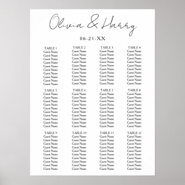 Affiche Élégant Script Simple moderne Mariage Seating Char (Devant)