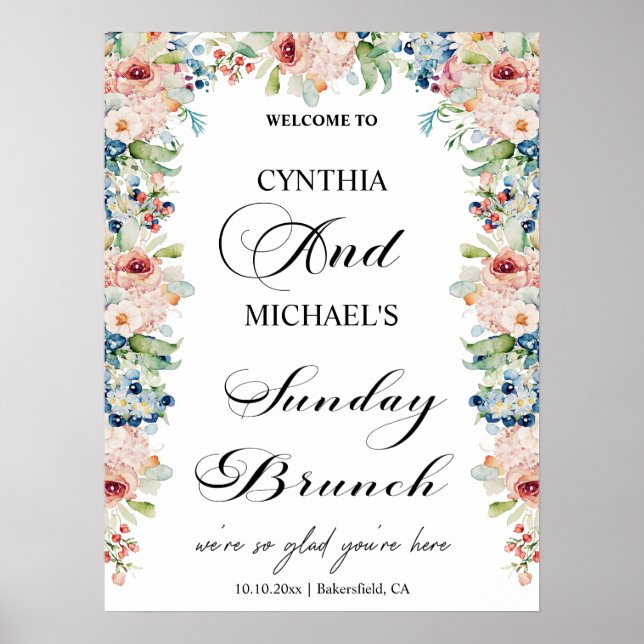 Affiche Élégant Script 'Sunday Brunch' Mariage Floral (Devant)