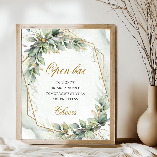 Affiche Elégant script vert eucalyptus or Open bar signe (Watercolor greenery foliage gold glitter wedding open bar sign poster)