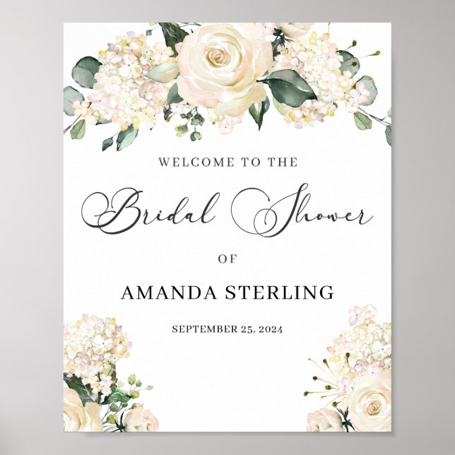Affiche Élégant shower de mariage blanc floral hydrangeas  (Devant)