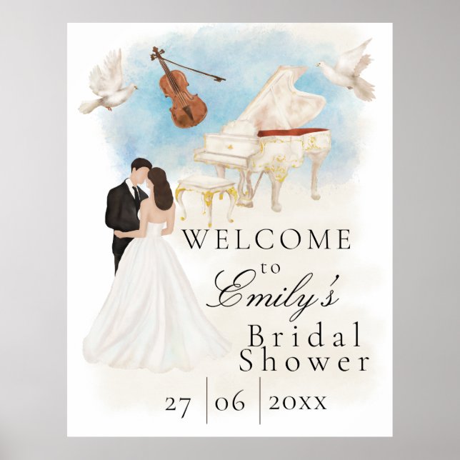 Affiche Élégant Shower de Mariée| Mariée & Marié| Piano Vi (Devant)