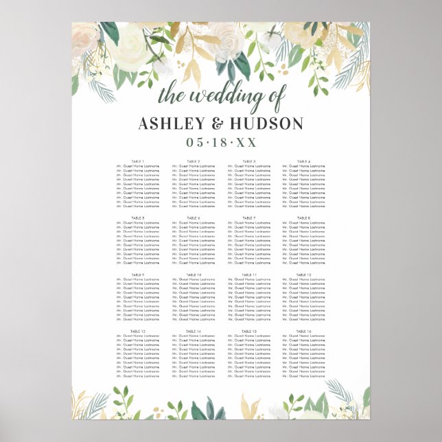 Affiche Élégant Siège de Mariage avec Fleurs Crème et Verd (Devant)