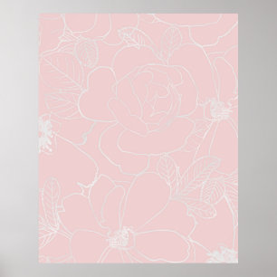 Affiche Elegant Silver Roses Floral Drawing Pink Design