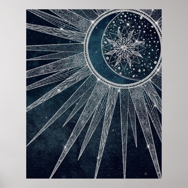 Affiche Elégant Silver Sun Moon Doodle Mandala Blue Design (Devant)