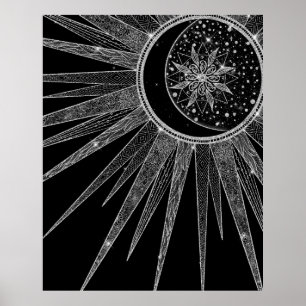 Affiche Elégant Silver Sun Moon Mandala Black Design